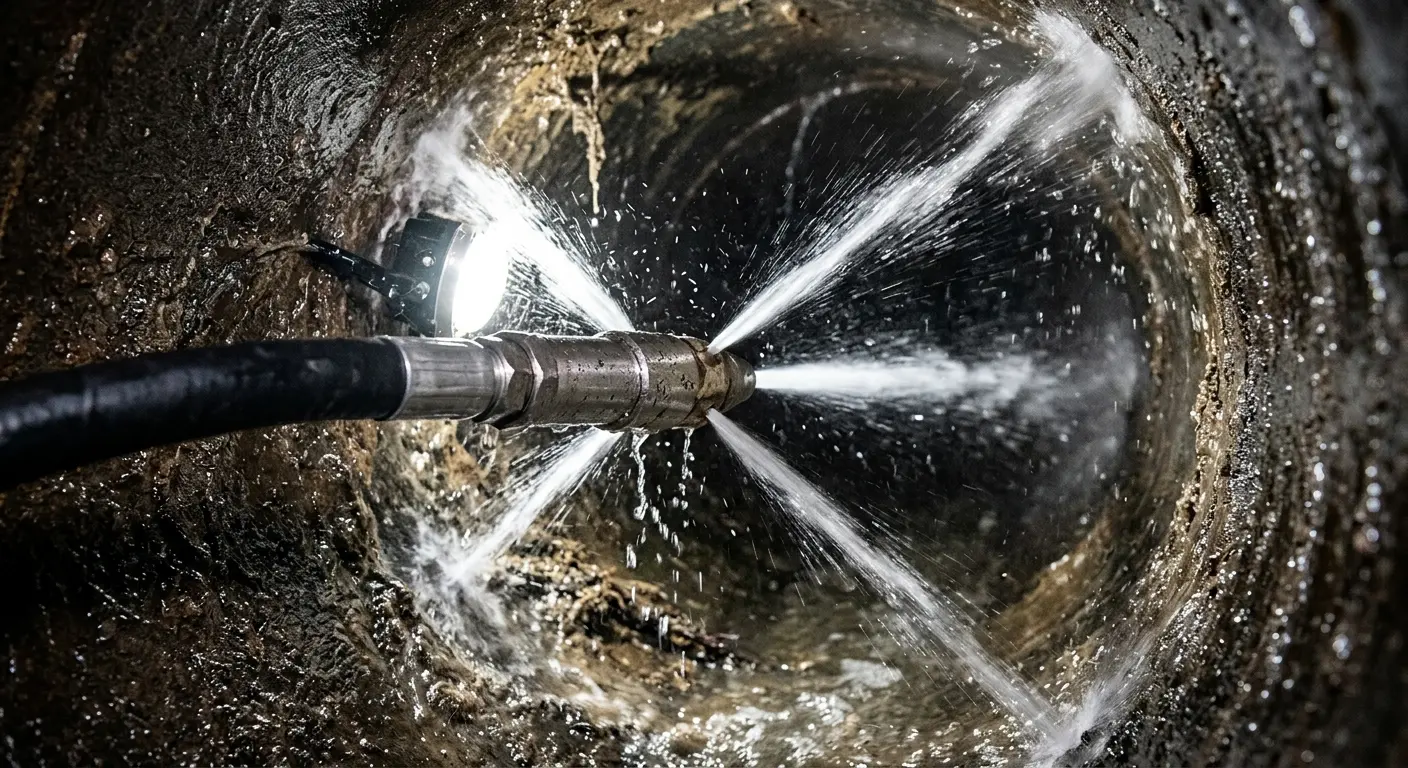 High-pressure hydro jetting nozzle cleaning sewer pipe for Emergency Drain Service in Ferry Pass