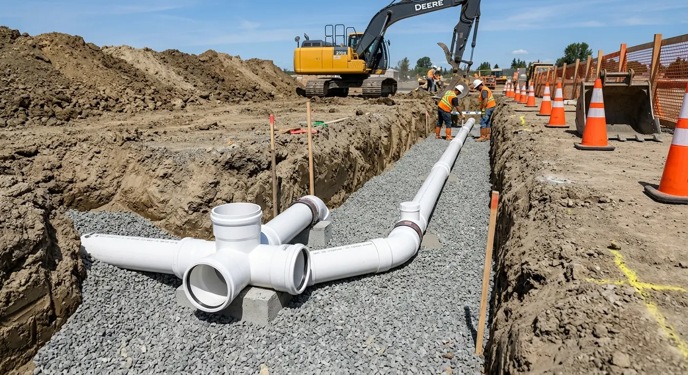 New PVC sewer pipe installation in open trench for Sewer Backup in Ferry Pass