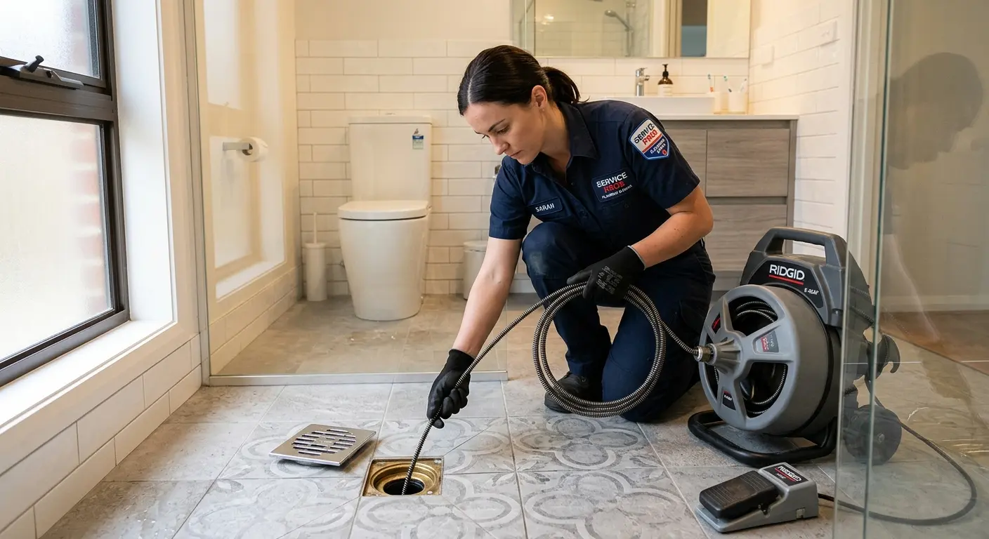 Technician clearing a bathroom floor drain for Hydro Jetting in Ferry Pass